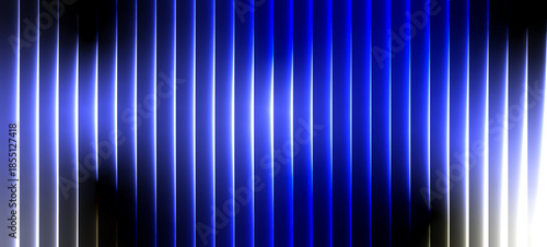 neon blue glass stripes, abstract blue white vertical light bars background on black. Sharp ribbed distortion, cinematic glow; futuristic texture background, vector illustration