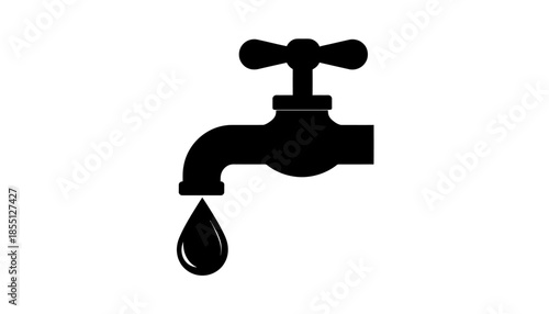 Black silhouette of a tap with a drop of water on white background.