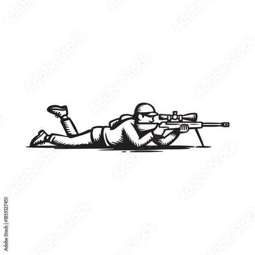 A skilled sniper in prone position aiming with a long barreled rifle
