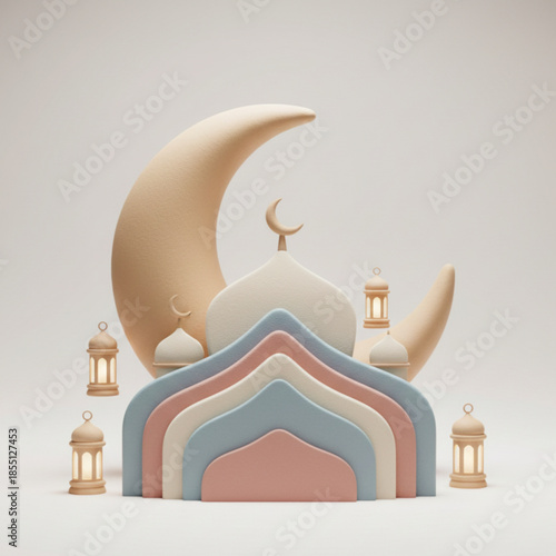 ​3D Islamic prayer rug and crescent moon
​Cute pastel Ramadan scene illustration
​Soft colored mosque elements background