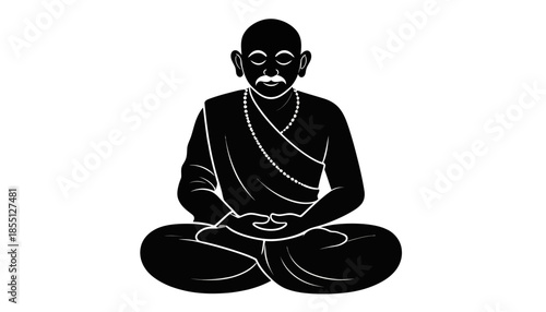Monochrome illustration of a meditating monk in a lotus position.