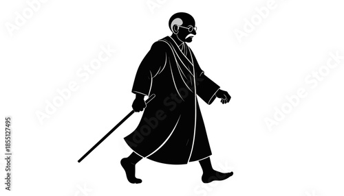 Illustration of Mahatma Gandhi walking with a stick in black and white.