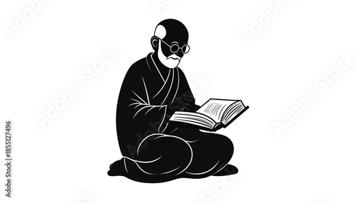 Illustration of an elderly man reading a book while sitting cross-legged.