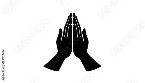 Black silhouette of hands in prayer position on white background.
