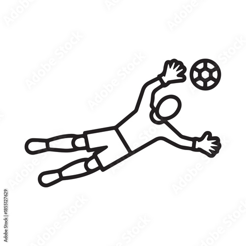 A simple line drawing depicts a goalkeeper diving to save a soccer ball