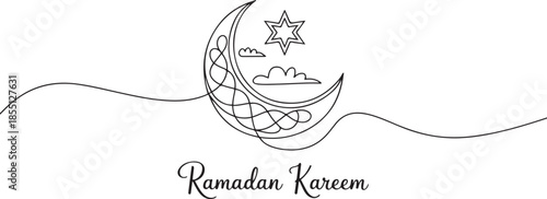 One single line drawing of islamic ornament with moon and star and cloudy sky on white background. Ramadan Kareem greeting card, banner, and poster concept. one line Icon drawing