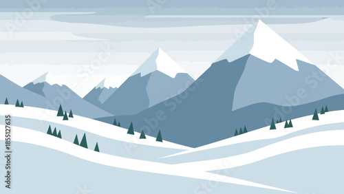 Snowcapped Mountains and Rolling Hills Illustration.
