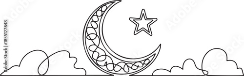 One single line drawing of islamic ornament with moon and star and cloudy sky on white background. Ramadan Kareem greeting card, banner, and poster concept. one line Icon drawing
