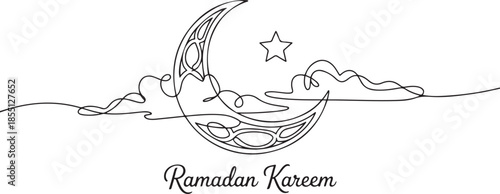One single line drawing of islamic ornament with moon and star and cloudy sky on white background. Ramadan Kareem greeting card, banner, and poster concept. one line Icon drawing