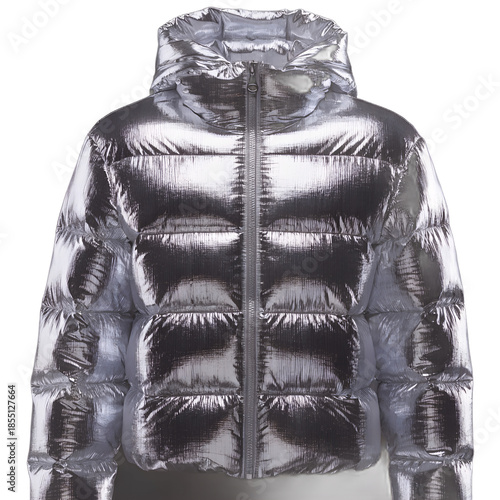 Photorealistic Metallic Silver High-Gloss Puffer Jacket with Exaggerated Baffles Isolated