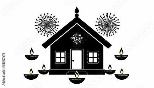 Diwali festival illustration with house and diya lamps, vector graphic.