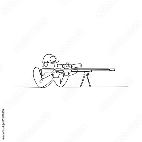 A single line drawing of a sniper rifle and helmet in profile view