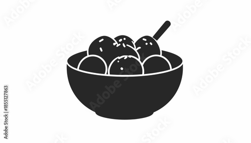 Black and white vector illustration of a bowl of meatballs with sauce.