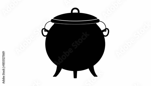 Black cauldron with lid for cooking on white background.
