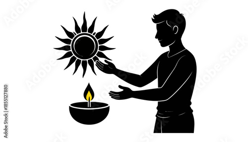 Silhouette of a person with sun and candle, representing light and hope.