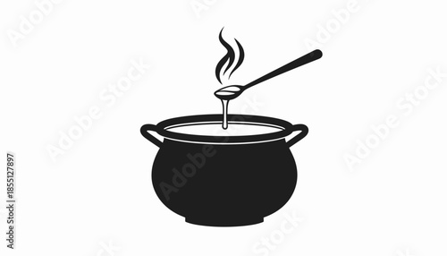 Vector illustration of a cooking pot with a spoon and steam.