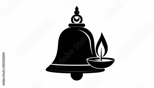 Illustration of a bell and candle flame for religious or cultural purposes.