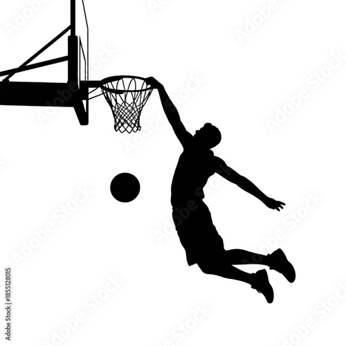 Minimalist black and white silhouette of a dynamic basketball dunk, mid-air player hanging from hoop, bold athletic pose, clean lines, sports logo, graphic design illustration. Transparent background.