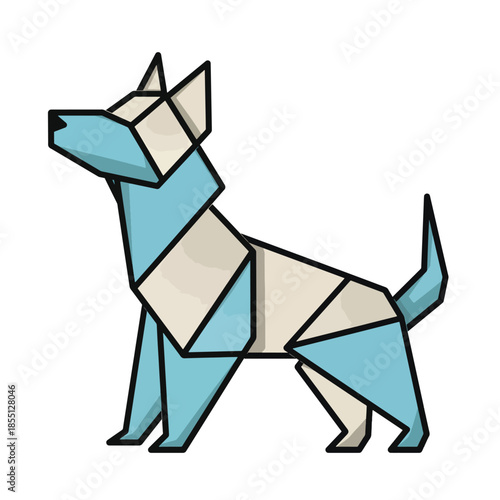 Minimalist geometric dog illustration with angular shapes in cool blue and beige, offering a modern vector graphic ideal for contemporary design projects and digital art applications