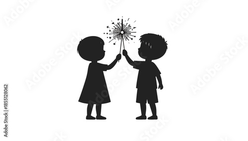 Silhouette of two children holding a sparkler together in celebration.