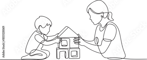 One single line drawing of young mom playing with her son building a house from foam puzzle block toy, parenting vector illustration. Happy family playing together concept. one line Icon drawing