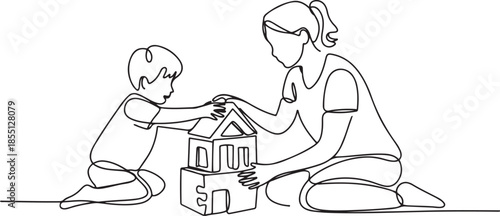 One single line drawing of young mom playing with her son building a house from foam puzzle block toy, parenting vector illustration. Happy family playing together concept. one line Icon drawing