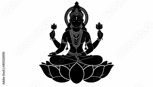 Illustration of Goddess Lakshmi sitting on a lotus flower in black and white.