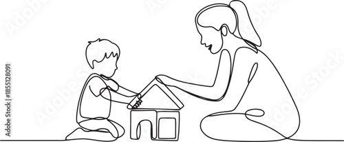 One single line drawing of young mom playing with her son building a house from foam puzzle block toy, parenting vector illustration. Happy family playing together concept. one line Icon drawing