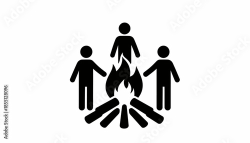 Campfire gathering of people icon illustration in black and white.