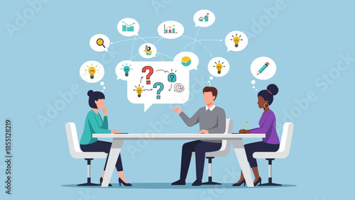 Three people discussing ideas at a meeting.