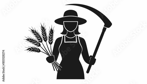 Silhouette of a female farmer holding wheat and scythe, representing agriculture and harvest.