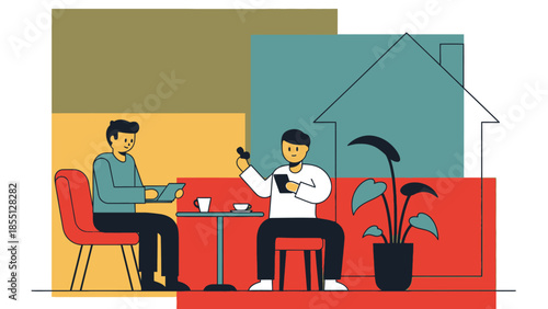 Two Men Sitting and Using Devices.