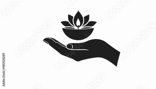 Hand holding a lotus flower in a bowl, vector illustration for spa and wellness.