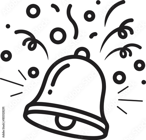 Notification bell icon with celebratory explosion of lines and circles in black and white, symbolizing excitement and alertness