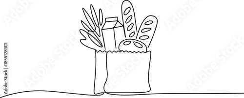 One continuous line drawing of fresh delicious vegetables, milk, baguette, and bread inside paper grocery bag. Staple food concept. one line Icon drawing