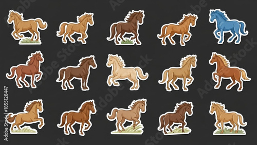 A collection of colorful horse stickers in various shades of brown and one blue horse on a dark gray background