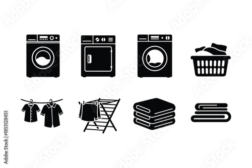 Laundry Service and Fabric Care Appliance Silhouette Icon Set