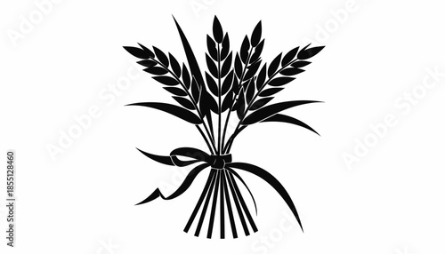 Elegant black and white wheat sheaf illustration with ribbon tie.