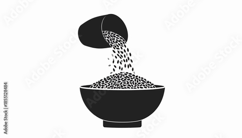 Black and white illustration of grains being poured into a bowl.