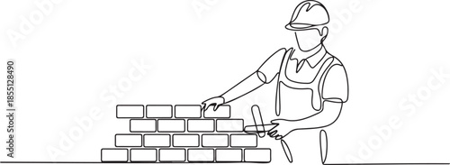 Continuous one line drawing repairman building brick wall. Construction worker in uniform and helmet doing work. Builder concept. one line Icon drawing