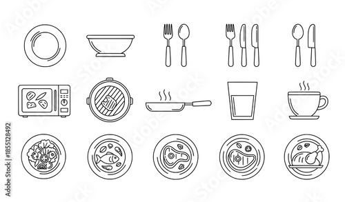 Tableware and cooking utensils editable line icon set for kitchen and food