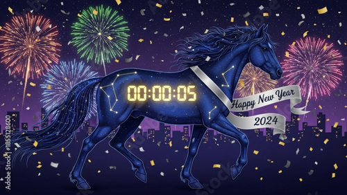 A blue horse with a countdown timer on its side celebrates the start of 2024 amidst a vibrant cityscape with fireworks and confetti