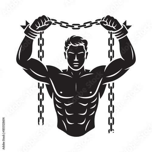 Muscular man with chains around wrists a symbol of restriction and struggle