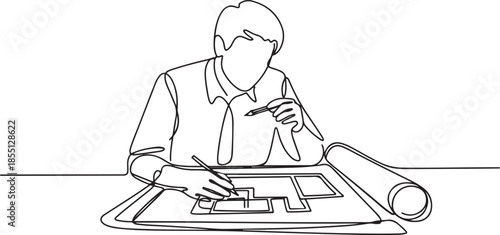Single continuous line drawing of young company manager do quality control to sketch draft blueprint design. Building architecture business concept. one line Icon drawing
