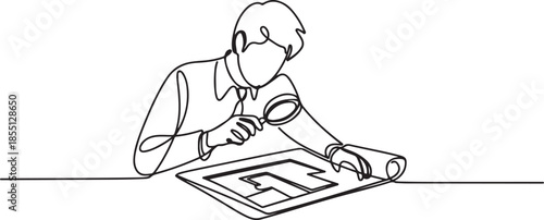 Single continuous line drawing of young company manager do quality control to sketch draft blueprint design. Building architecture business concept. one line Icon drawing