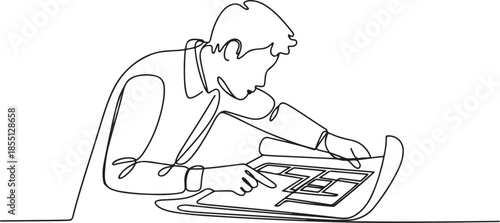Single continuous line drawing of young company manager do quality control to sketch draft blueprint design. Building architecture business concept. one line Icon drawing