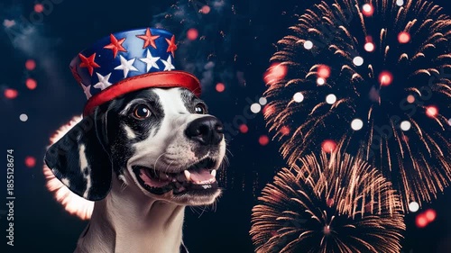Festive dog celebrating with fireworks in patriotic hat at night