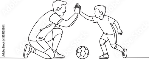 One line drawing of young happy father bow his body to give high five gesture to his boy while playing soccer on football court. Parenting concept. one line Icon drawing
