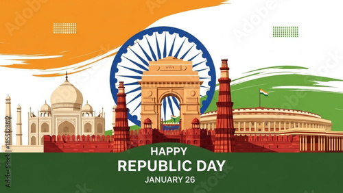 Indian republic day celebration with famous landmarks and national flag colors, january 26th, cultural heritage and patriotism