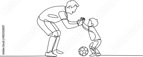 One line drawing of young happy father bow his body to give high five gesture to his boy while playing soccer on football court. Parenting concept. one line Icon drawing